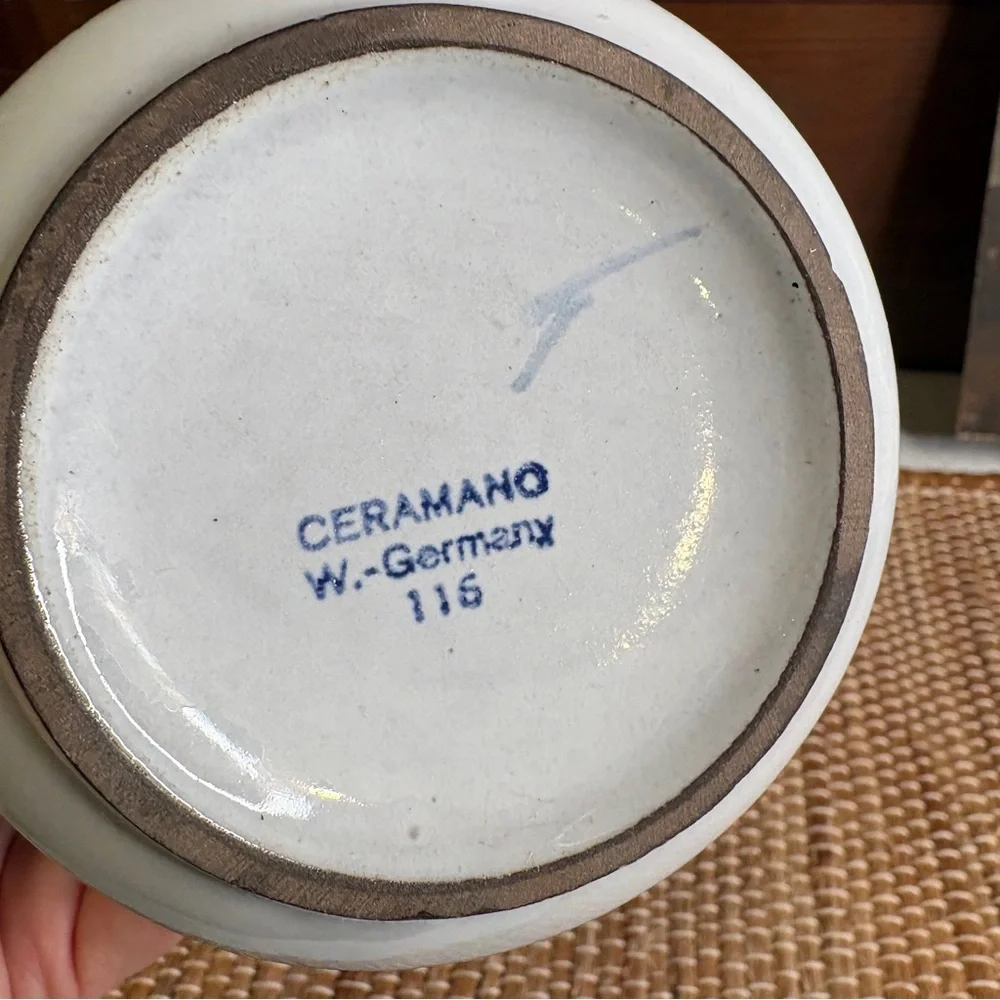 Vintage MCM Ceramano Omega West Germany Dots & Stripes Pitcher White Brown